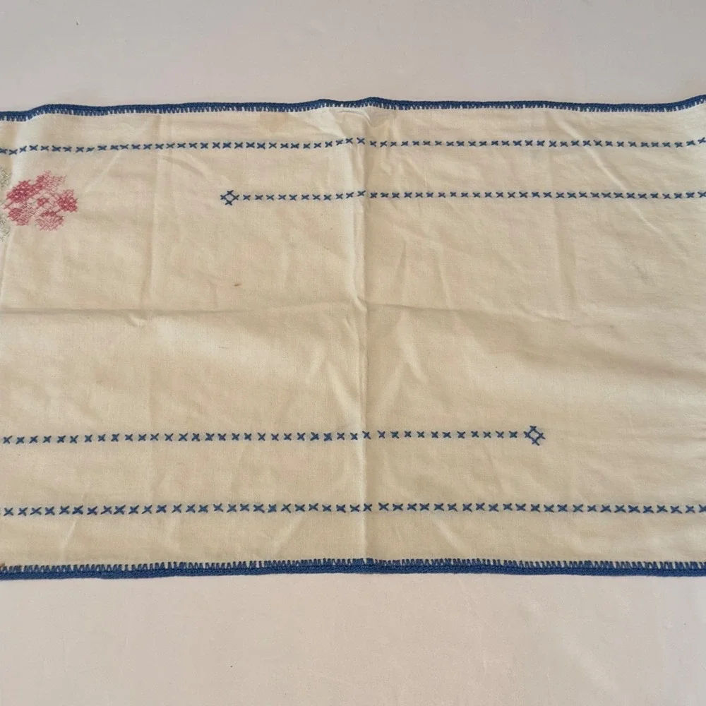 Vtg‎ Hand Embroidered Floral Cross Stitch Table Runner Blue Crochet Edge 40x13